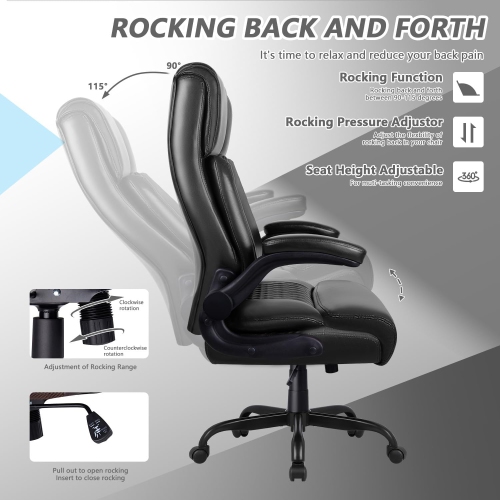 LEMBERI Heavy-Duty Executive Chair - Big & tall PU leather office/gaming chair with flip-up armrests, lumbar support & high back - Black