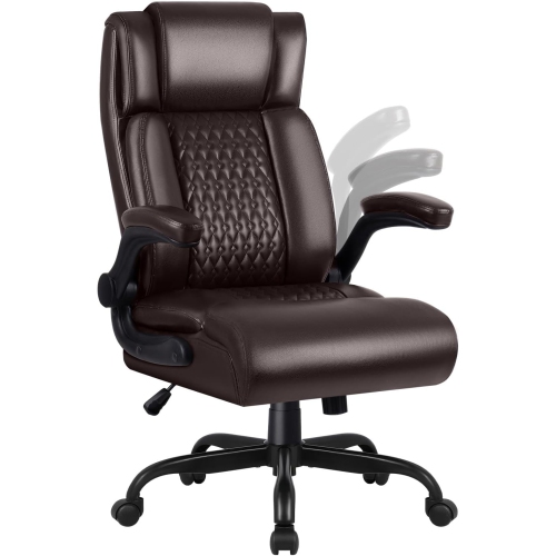LEMBERI Executive Office Chair - Heavy-duty big & tall PU leather chair with flip-up armrests, lumbar support & high back - Brown