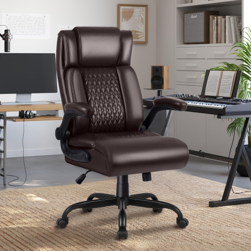 LEMBERI Executive Office Chair - Heavy-duty big & tall PU leather chair with flip-up armrests, lumbar support & high back - Brown