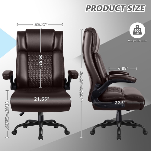 LEMBERI Executive Office Chair - Heavy-duty big & tall PU leather chair with flip-up armrests, lumbar support & high back - Brown