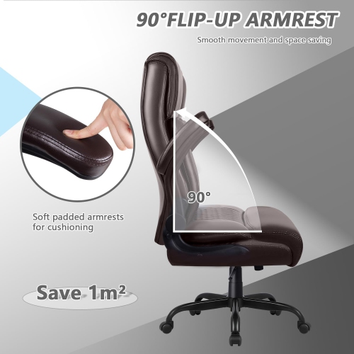 LEMBERI Executive Office Chair - Heavy-duty big & tall PU leather chair with flip-up armrests, lumbar support & high back - Brown