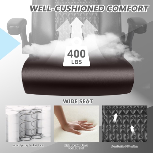 LEMBERI Executive Office Chair - Heavy-duty big & tall PU leather chair with flip-up armrests, lumbar support & high back - Brown