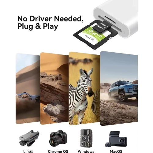 Lecteur de cartes 2-en-1 avec adaptateur de type C pour téléphones mobiles, tablettes, portables et appareils photo