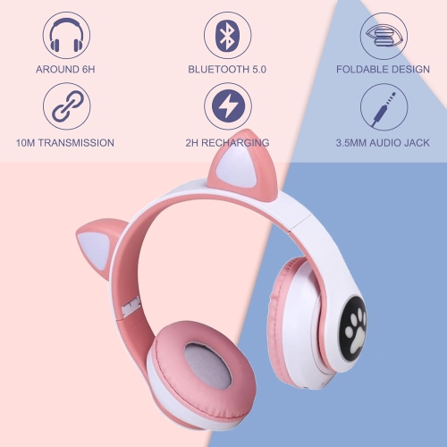 Kids Noise Cancelling Bluetooth Headphones with LED Cat Ears, Foldable Bluetooth Headphones and Microphone for Kids, School, iPad/Tablet/PC Use -