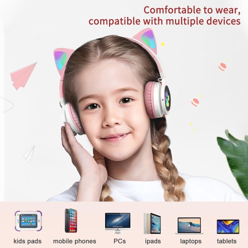 Kids Noise Cancelling Bluetooth Headphones with LED Cat Ears, Foldable Bluetooth Headphones and Microphone for Kids, School, iPad/Tablet/PC Use -