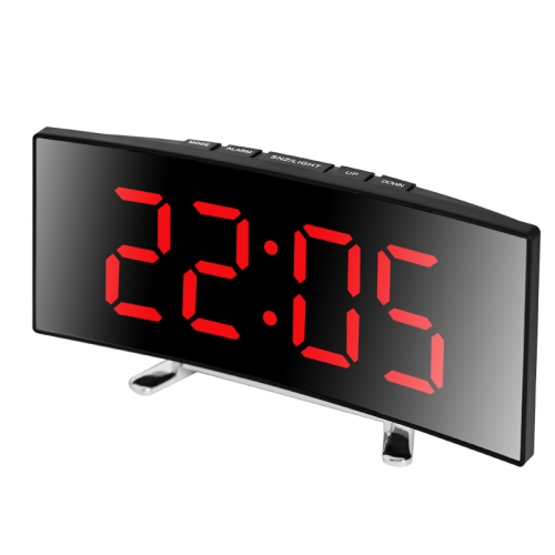 Creative curved electronic clock, LED large screen mirror alarm clock, student-specific silent smart desktop clock - red