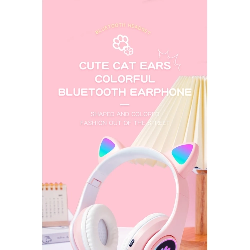 Cute cat ears LED breathing light luminous headphones, HIFi sound effect foldable wireless Bluetooth headphones - white