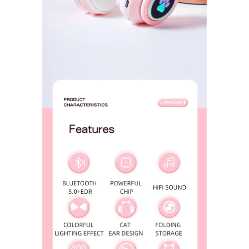 Cute cat ears LED breathing light luminous headphones, HIFi sound effect foldable wireless Bluetooth headphones - white
