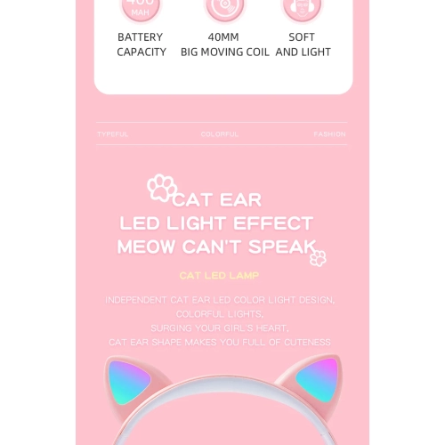 Cute cat ears LED breathing light luminous headphones, HIFi sound effect foldable wireless Bluetooth headphones - white