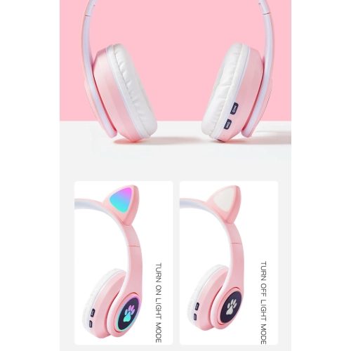 Cute cat ears LED breathing light luminous headphones, HIFi sound effect foldable wireless Bluetooth headphones - white