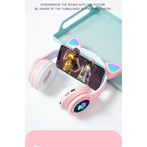 Cute cat ears LED breathing light luminous headphones, HIFi sound effect foldable wireless Bluetooth headphones - white