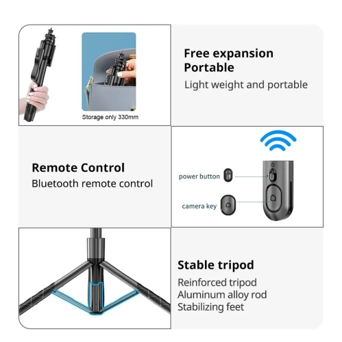 Mobile phone Bluetooth selfie stick, floor-standing live broadcast anti-shake retractable tripod mobile phone holder photography artifact - black