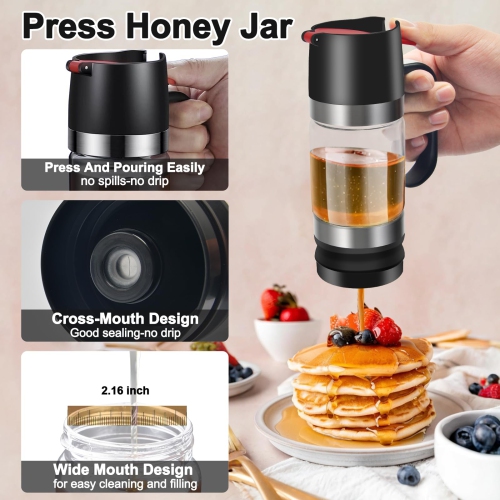 11OZ Honey Dispenser With Handle No Drip Glass Syrup Container for Coffee Bar, Honey Pot and Jar