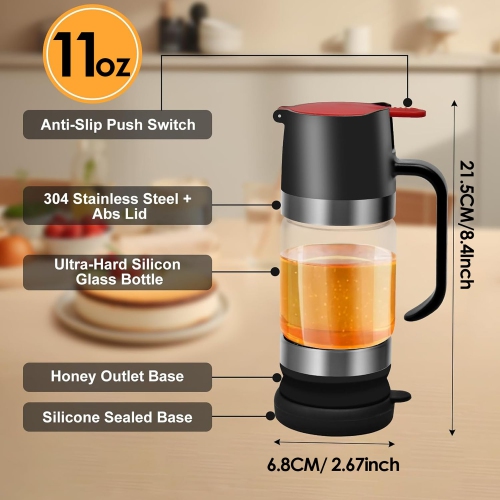 11OZ Honey Dispenser With Handle No Drip Glass Syrup Container for Coffee Bar, Honey Pot and Jar