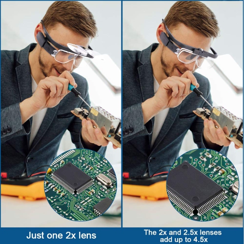 Rechargeable Headband Magnifying Glasses, Head Mount Magnifier Glasses with 2 LED Lights and 3 Detachable Lenses, Hands Free Eyeglasses Magnifier