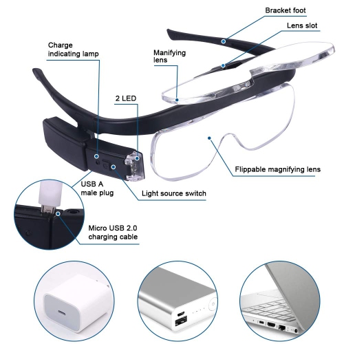 Rechargeable Headband Magnifying Glasses, Head Mount Magnifier Glasses with 2 LED Lights and 3 Detachable Lenses, Hands Free Eyeglasses Magnifier
