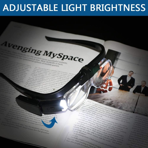 Rechargeable Headband Magnifying Glasses, Head Mount Magnifier Glasses with 2 LED Lights and 3 Detachable Lenses, Hands Free Eyeglasses Magnifier