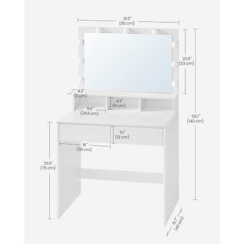 VASAGLE Modern Makeup Vanity Table with Adjustable Brightness, Large Mirror, 2 Drawers, and 3 Compartments, Cloud White