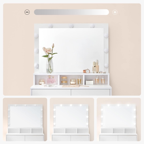 VASAGLE Modern Makeup Vanity Table with Adjustable Brightness, Large Mirror, 2 Drawers, and 3 Compartments, Cloud White