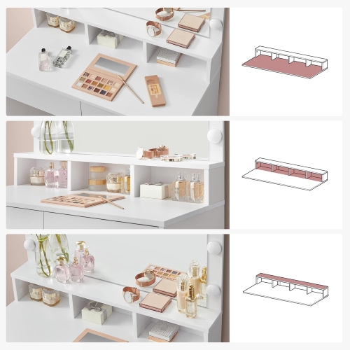 VASAGLE Modern Makeup Vanity Table with Adjustable Brightness, Large Mirror, 2 Drawers, and 3 Compartments, Cloud White