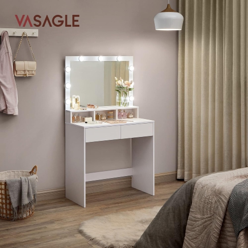 VASAGLE Modern Makeup Vanity Table with Adjustable Brightness, Large Mirror, 2 Drawers, and 3 Compartments, Cloud White