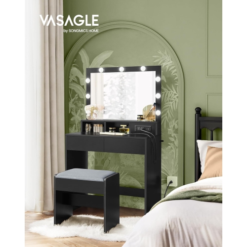 VASAGLE Makeup Vanity with Mirror and Lights, Upholstered Stool, 9 Dimmable LED Lights, 2 Compartments, 2 Drawers, Ink Black