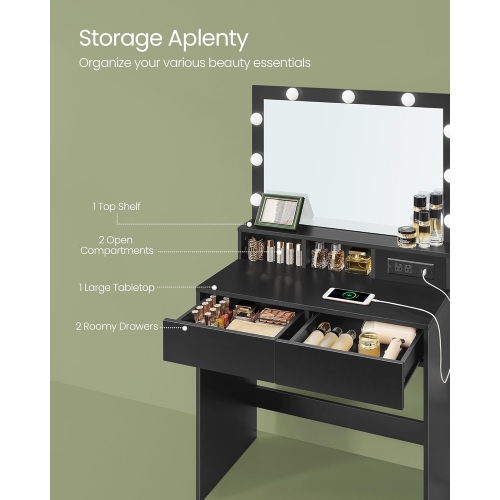 VASAGLE Makeup Vanity with Mirror and Lights, Upholstered Stool, 9 Dimmable LED Lights, 2 Compartments, 2 Drawers, Ink Black