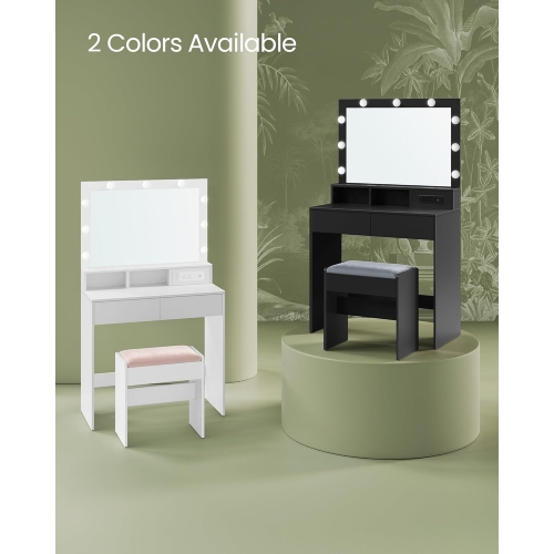 VASAGLE Makeup Vanity with Mirror and Lights, Upholstered Stool, 9 Dimmable LED Lights, 2 Compartments, 2 Drawers, Ink Black