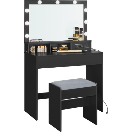 VASAGLE Coiffeuse de maquillage avec miroir et lumières, tabouret rembourré, 9 lampes LED à intensité réglable, 2 compartiments, 2 tiroirs, encre