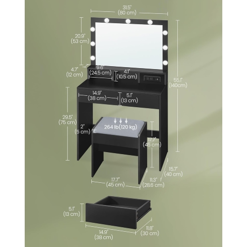 VASAGLE Coiffeuse de maquillage avec miroir et lumières, tabouret rembourré, 9 lampes LED à intensité réglable, 2 compartiments, 2 tiroirs, encre