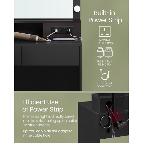 VASAGLE Coiffeuse de maquillage avec miroir et lumières, tabouret rembourré, 9 lampes LED à intensité réglable, 2 compartiments, 2 tiroirs, encre