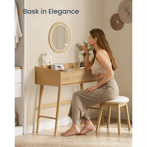 SONGMICS Boho Makeup Vanity with 3 Rattan-Look Drawers, Dimmable Light with 3 Color Settings, Oak Beige