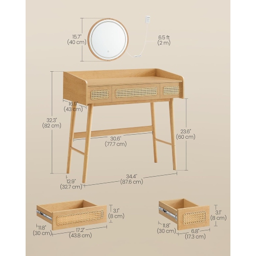 SONGMICS Boho Makeup Vanity with 3 Rattan-Look Drawers, Dimmable Light with 3 Color Settings, Oak Beige