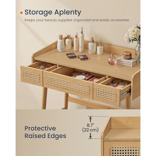 SONGMICS Boho Makeup Vanity with 3 Rattan-Look Drawers, Dimmable Light with 3 Color Settings, Oak Beige