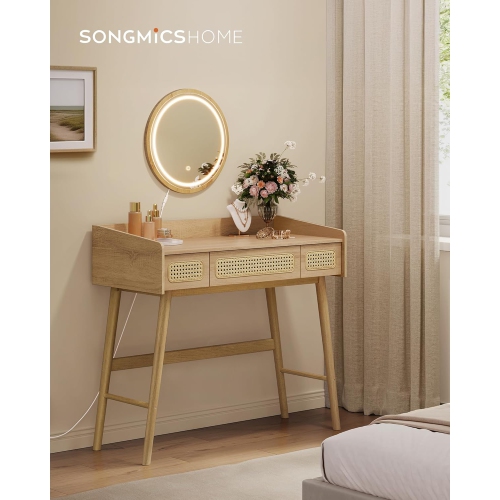SONGMICS Boho Makeup Vanity with 3 Rattan-Look Drawers, Dimmable Light with 3 Color Settings, Oak Beige