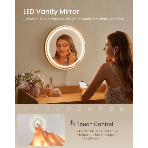 SONGMICS Boho Makeup Vanity with 3 Rattan-Look Drawers, Dimmable Light with 3 Color Settings, Oak Beige