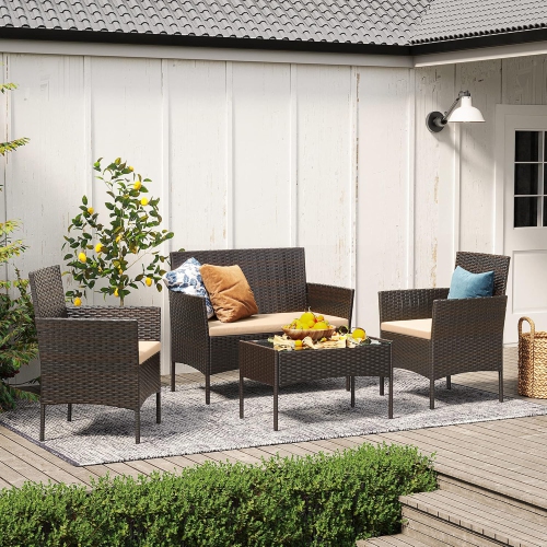 SONGMICS Outdoor PE Rattan Conversation Set – Patio Furniture with Comfortable Seating in Brown and Taupe