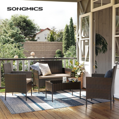 SONGMICS Outdoor PE Rattan Conversation Set – Patio Furniture with Comfortable Seating in Brown and Taupe