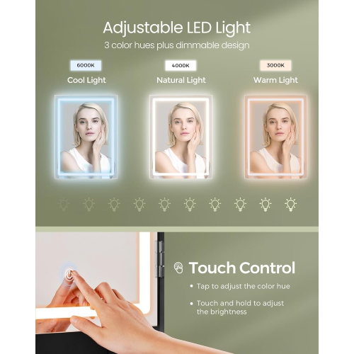 VASAGLE – Meuble-lavabo avec tabouret rembourré, lumières LED à intensité réglable, tablettes réglables, 7 compartiments, 2 tiroirs, Encre noire