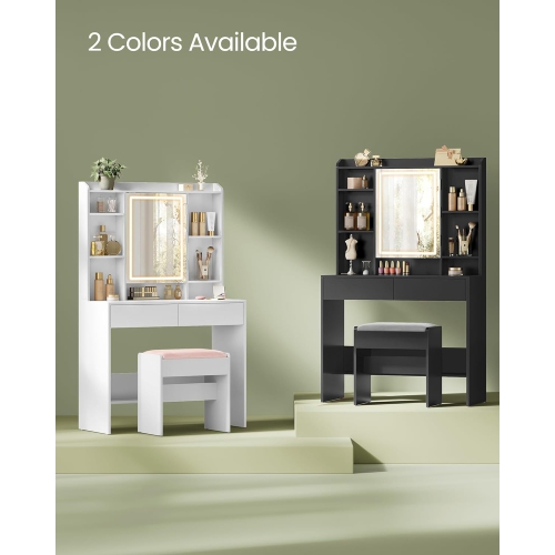 VASAGLE – Meuble-lavabo avec tabouret rembourré, lumières LED à intensité réglable, tablettes réglables, 7 compartiments, 2 tiroirs, Encre noire