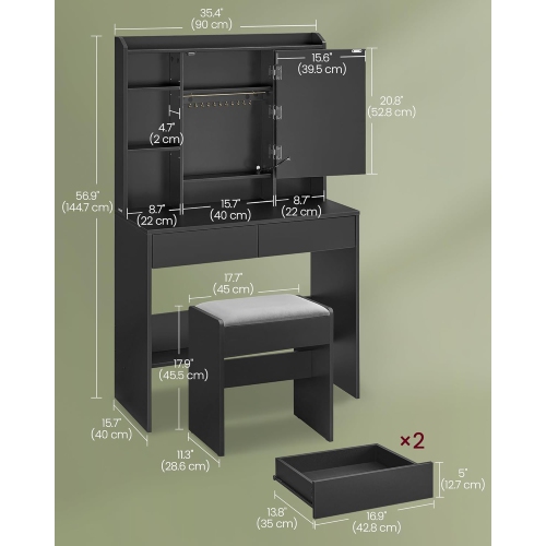 VASAGLE – Meuble-lavabo avec tabouret rembourré, lumières LED à intensité réglable, tablettes réglables, 7 compartiments, 2 tiroirs, Encre noire