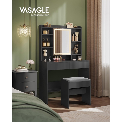 VASAGLE – Meuble-lavabo avec tabouret rembourré, lumières LED à intensité réglable, tablettes réglables, 7 compartiments, 2 tiroirs, Encre noire