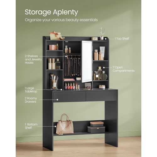 VASAGLE – Meuble-lavabo avec tabouret rembourré, lumières LED à intensité réglable, tablettes réglables, 7 compartiments, 2 tiroirs, Encre noire