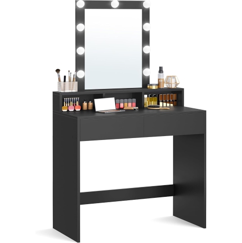 VASAGLE 31.5-Inch Wide Makeup Vanity Table with 2 Drawers, 3 Storage Compartments, Adjustable Brightness, Modern Black