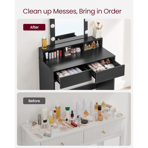 VASAGLE 31.5-Inch Wide Makeup Vanity Table with 2 Drawers, 3 Storage Compartments, Adjustable Brightness, Modern Black
