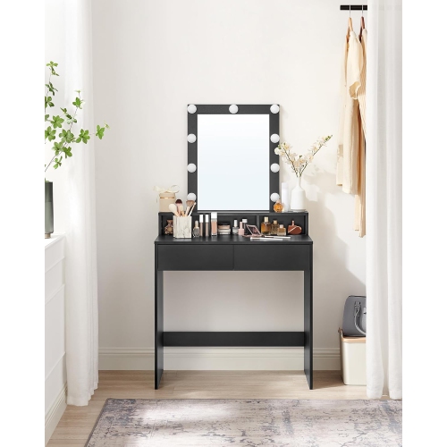 VASAGLE 31.5-Inch Wide Makeup Vanity Table with 2 Drawers, 3 Storage Compartments, Adjustable Brightness, Modern Black
