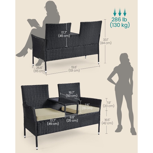 SONGMICS Outdoor PE Rattan Garden Loveseat with Table – Armchair and Sofa Set with Cushions in Black and Taupe