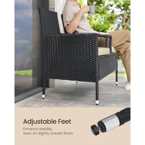 SONGMICS Outdoor PE Rattan Garden Loveseat with Table – Armchair and Sofa Set with Cushions in Black and Taupe