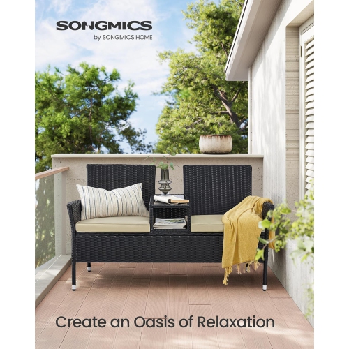 SONGMICS Outdoor PE Rattan Garden Loveseat with Table – Armchair and Sofa Set with Cushions in Black and Taupe