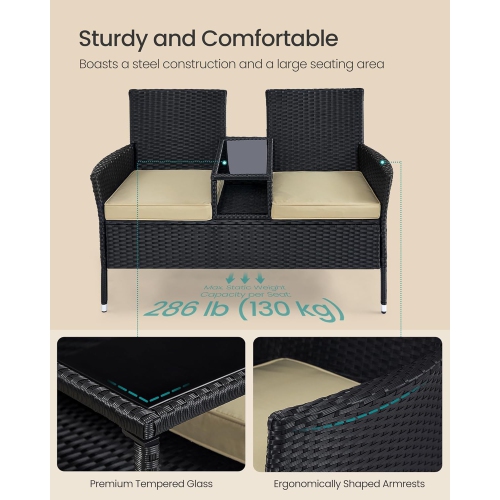 SONGMICS Outdoor PE Rattan Garden Loveseat with Table – Armchair and Sofa Set with Cushions in Black and Taupe